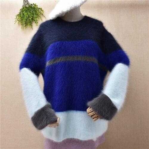 Top quality female women 100% mink cashmere fur knitted striped long sleeves loose angora rabbit hair jumper sweater pull tops