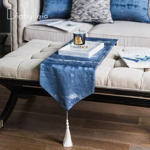 Diphylleia Dream Blue Table Runner Dinner Party Long Table Cover Art Deco Luxury Dining Room Kitchen Rectangular Runner Tassel