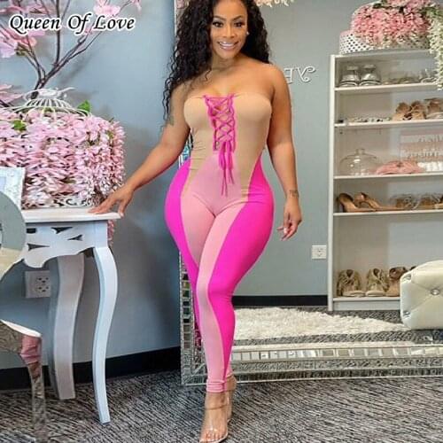 Sexy Lace Up Patchwork Slash Neck Jumpsuits Sleeveless Women Bodycon Streetwear One Piece Bodystocking Skinny 2021 New Outfits
