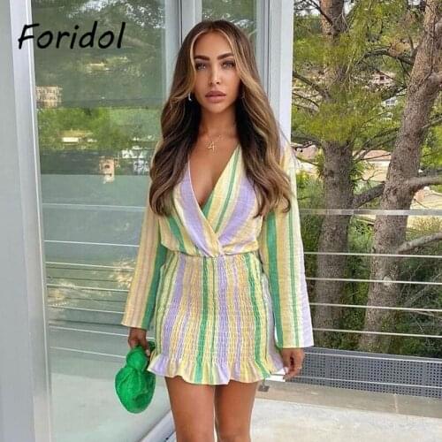 Foridol Striped Bodycon Mini Shirt Dress Casual Ruffle Autumn Womens Dress Short Office Dress Vestidos Women Clothing