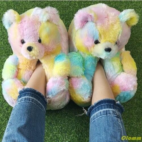 Plush Teddy Bear House Slippers Brown Women Home Indoor Soft Anti-slip Faux Fur Cute Fluffy Pink Slippers Women Winter Warm Shoe