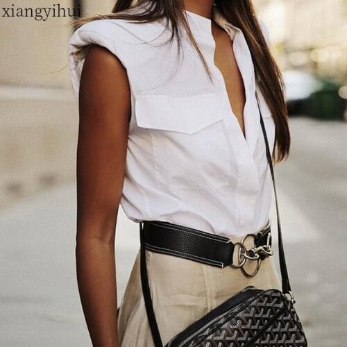 Casual Stand Collar White Shirt Women Ladies Fashion Single-breasted Blouse New Office Workout Pocket Shirts Loose Tops Summer