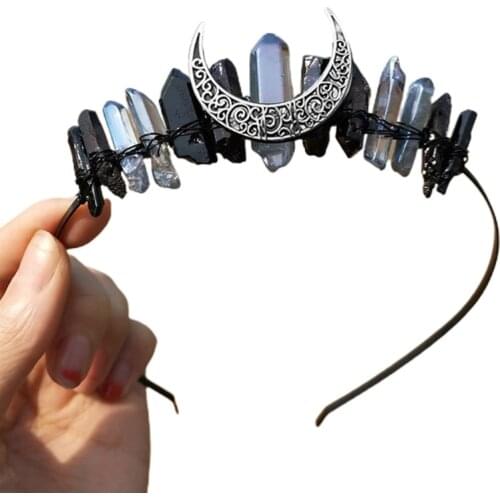 Wedding Bridal Jewelry Tiara Headband Multicolored Raw Quartz Crystal Hair Hoop Antique Moon Handmade Witch Crown C1FE