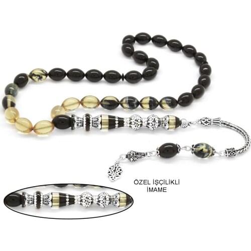 Tesbihane 925 Sterling Silver Tassels Silver Double Balconied Nakkaş İmameli Cottage Black Fire Amber Prayer Beads