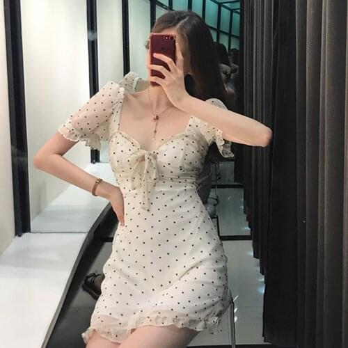 Polka Dot Summer Mini Dress Women Square Collar Short Sleeve Party Dress French Vintage Bow Sexy Beach Chiffon Dress Z561