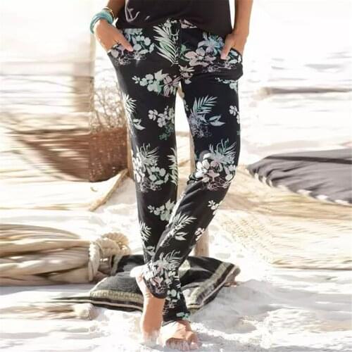 Vintage Beach Pants Womens Loose Printed Trousers Pants Casual Elastic Waist Pantalon Female Drawstring Pockets Turnip Pants