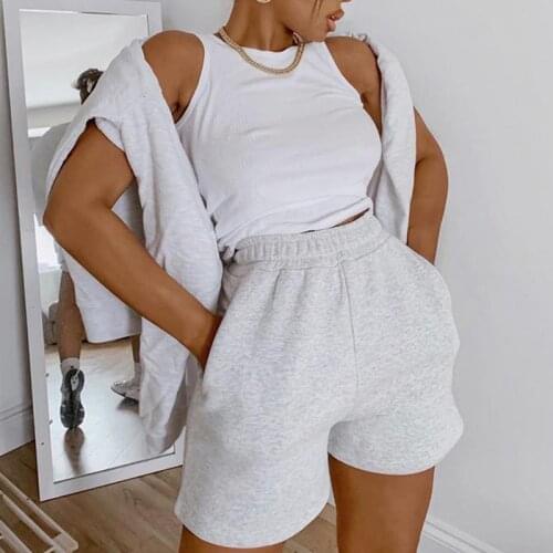 Spring Solid Color Elastic Waist Sports Suit Round Neck Pullover Long-sleeved T-shirt Elastic Waist Pocket Shorts Casual Set