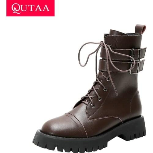 QUTAA 2021 Cow Leather Autumn Winter Ladies Pumps Lace Up Buckle Zipper Ankle Boots Square Heel Quality Women Shoes Size 34-39