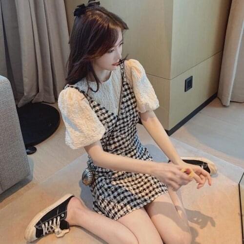 Summer Suit Skirt Female Daisy Suspender Skirt + Puff Sleeve Top Two-piece