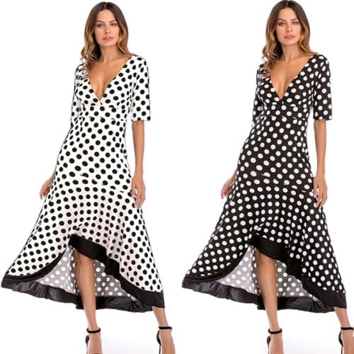 Women Pot Print V-neck Half Sleeve Ruffle Long Dress Autumn Sexy Backless A-line Party Clothes Elegant Franch Fashion Long Robe
