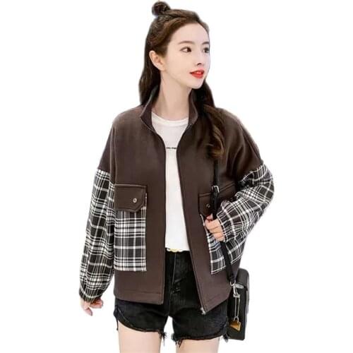 Female Short Coat New 2021 Autumn Winter Grid Ladies Outerwear Splicing Loose Versatile Women Small Jackets Workwear Chic Top