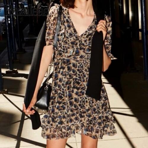 Bazaleas Sexy Leopard Animal Print women dress Vintage V Neck vestido Fashion Wrap Sashes summer Dress