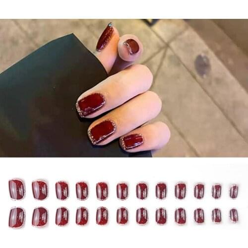 24Pcs Stunning Wine Red Silver Color Edge Fake Nails Art Sticker Pieces Wear-resistant Nail Patch Universal for Dating