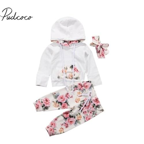 2017 Brand New Infant Toddler Newborn Baby Girls Floral Outfit Clothes Tracksuit Hooded Tops+Leggings Pants Headband 3Pcs Set