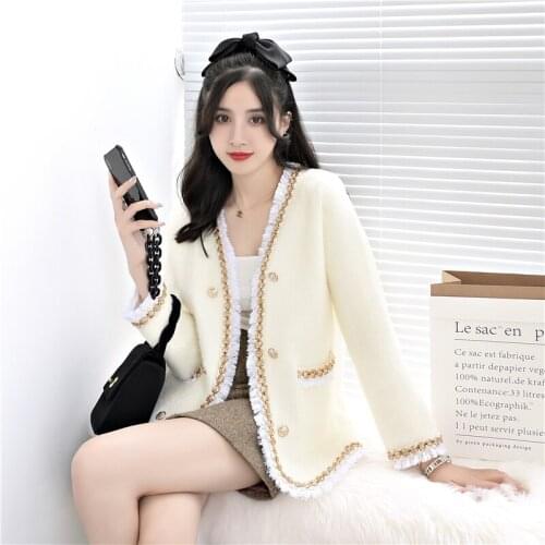 2021 Promotion Room 206921, Row 7, No.2 Upper] Real Shot V-neck Stitching Mink Like Knitted Cardigan 50