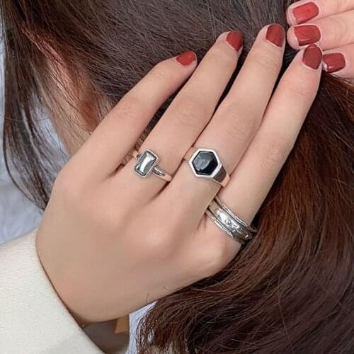 Foxanry Minimalist 925 Sterling Silver Party Rings New Fashion Creative Black Stone Geometric Elegant Bride Jewelry for Women