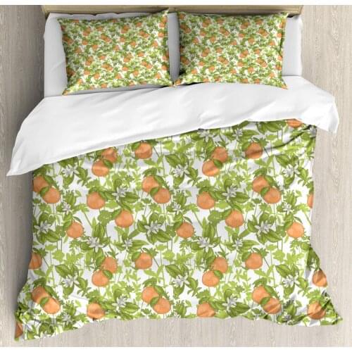 Tangerine Duvet Cover Set Vintage Pattern of Mandarins and Flowers 3 Piece Bedding Set Pale Vermilion Pale Olive Green White