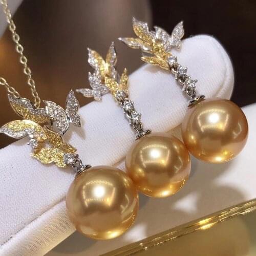 D524 Pearl Set Fine Jewelry Solid 18K Gold Round 8-13mm Nature Sea Water Golden Pearls Jewelry Sets for Women Presents