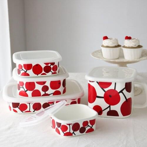 Red Cherry Enamel Sealed Crisper with Lid Refrigerator Storage Container/Ice Trellised Cup