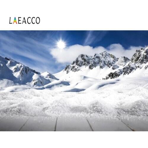 Laeacco Winter Mountain Snow Sun Blue Sky Cloudy Gray Wood Floor Baby Scenic Photo Background Photography Backdrop Photo Studio