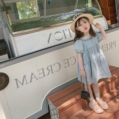 Cute Baby Girls Short Sleeve Denim Dress 2021 New Summer Kids Clothes Korean Style Square Collar A-Line Dress Princess Dresses