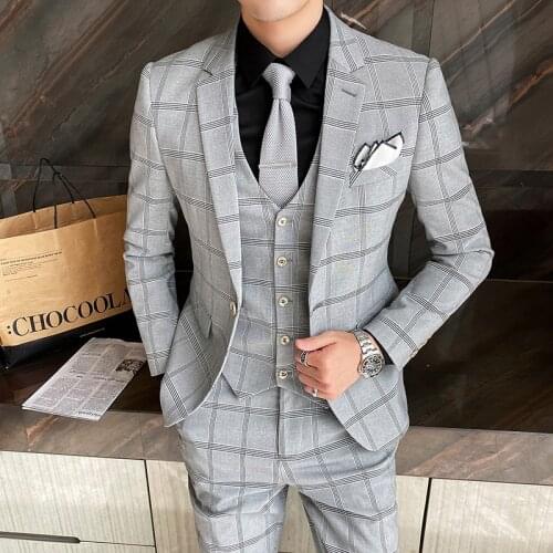 2021 New Men Fashion Business Plaid Wedding Dress Terno Male Mariage 3 Pcs Slim Formal Social Tuxedo Blazers Coat Vest Pants Set