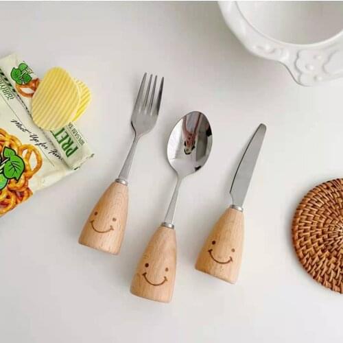 Knife Fork Spoon Cute And Simple Smiley Stainless Steel Fruit Table Small Wooden Handle Western Tableware Three-piece Suit