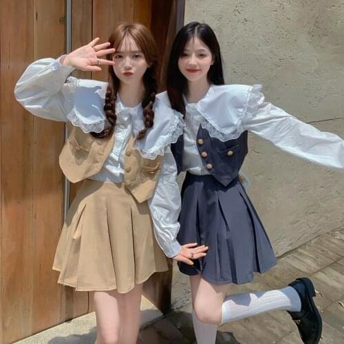 Autumn Japanese Style Big Turn Down Collar White Blouse Vest and Slim Waist Pleated Skirt 3pcs Set For Women Preppy Style Set