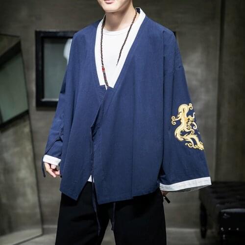 Autumn Chinese Style Mens Clothing Embroidered Cotton Linen Hanfu Taoist Robe Ancient Customs Loose Diagonal Placket Coat