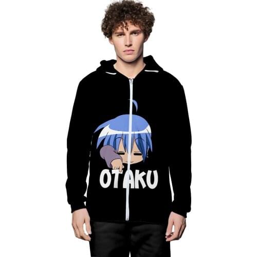 Otaku Funny Printing Fashion Zipper Oversized Hoodies Long Sleeve Black Sweatshirts Autumn Outfits Thick Hoodies
