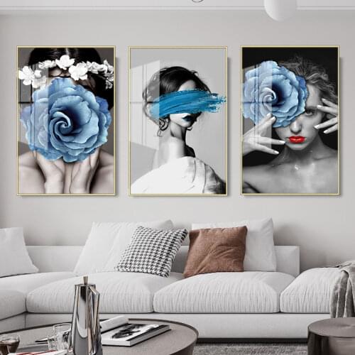 SELFLESSLY Blue Flower and Beauty Girl Canvas Paintings Wall Art Pictures For Living Room Canvas Prints Posters Decorative Art