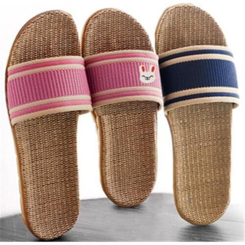Womens/Mens Summer Linen Slides Indoor Bathroom Soft Home Shoes Ladies/Male Striped Slippers Couple Sandals Beach Flip Flops