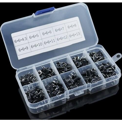 10 Models 200pcs 6*6 Tact Switch Tactile Push Button Switch Kit, Height: 4.3mm~13mm Dip 4P Micro Switch 6x6 Key Switch