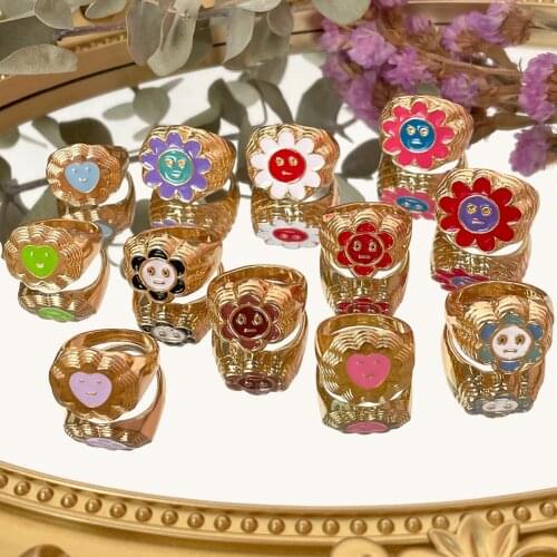 Smile Face Enamel Thick Chunky Rings for Women Multicolor Heart Flower Ring Luxury Spring Fine Lucky Jewelry Birthday Party Gift