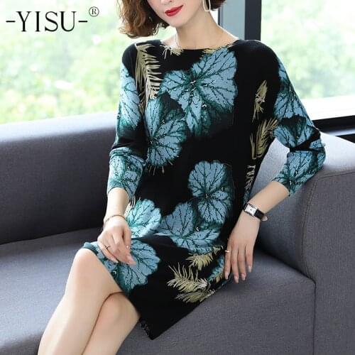 YISU Knitted Sweater Dress Women Tree leaf Printed pullover Long jumper Autumn Winter Long sleeve soft Sweater Dress Women