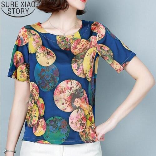 Women Silk Shirt Summer Fashion Womens Short Sleeve Loose Plus Size 4XL 2020 Floral Print Vintage Blouse Tops Clothing 9064 50