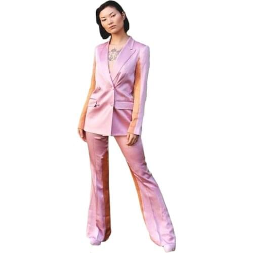 2 Pieces Custom Made Women Suits Royal Satin Fashion Coat+Pant Formal Double Breasted Party Suits For Women Cheap