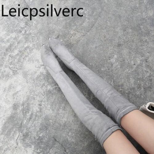 Womens Boots winter new style fashion Flock Pointed Lace-up Thick heel High heel Womens Over the knee boots plus size 32-46