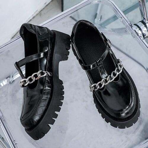 Termainoov Women Pumps Mary Jane Retro Metal Chain Buckle Fashion Leather Shoes Square Heel Platform Mary Jane