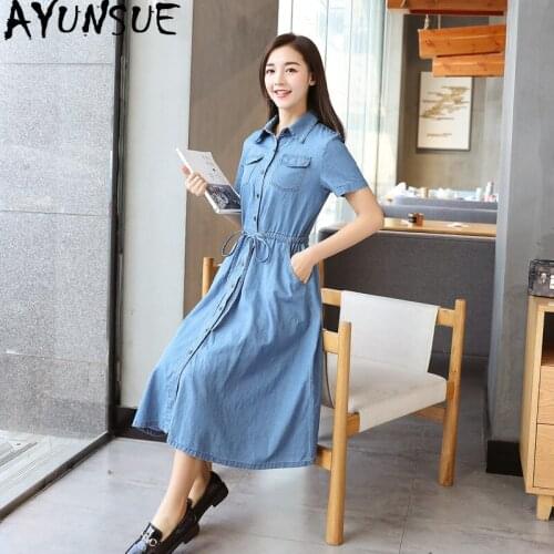 AYUNSUE Spring Summer Denim Dress Women Korean Shirt Dress Long Jeans Dress Elegant 2020 Vestidos Para Mujer 8108 KJ4617