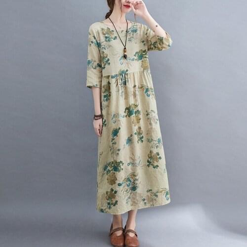 Women Cotton Linen Casual Dress New Arrival 2021 Summer Vintage Style Floral Print Loose Ladies Elegant Long Dresses B849