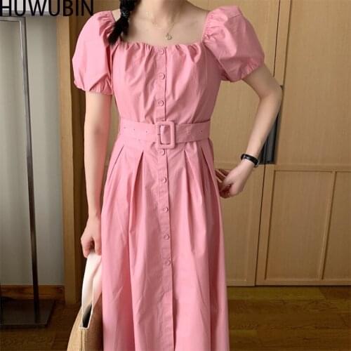 2021 Summer New Style Womens Temperament Square Collar Unique Bubble Sleeve Swing Skirt Color Matching Belt Slim Fashion Dress