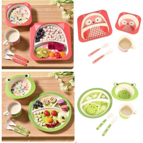 5Pcs/set Bamboo Fiber Baby Plate Set Bowl Cup Fork Spoon Baby Kids Feeding Tableware 4 Styles
