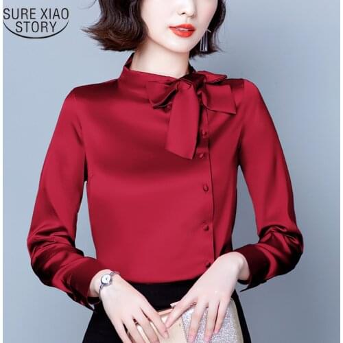 2021 Satin Silk Womans Shirts Solid Long Sleeve Bow Stand Collar Fashion Office Lady Blouse Women Overalls for Women Tops 10461