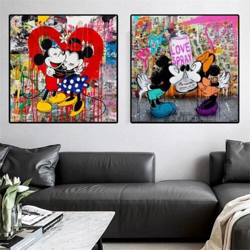 Disney Graffiti Art Mickey and Minnie Canvas Painting Street Love Life Art Poster and Print Wall Picture for Living Room Decor