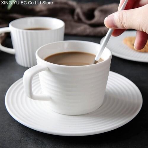 Japanese Style Frosted White Ceramic Mug Striped Ceramic Tray 220ml Coffee Cup and Saucer Simple Household Living Room Tea Set