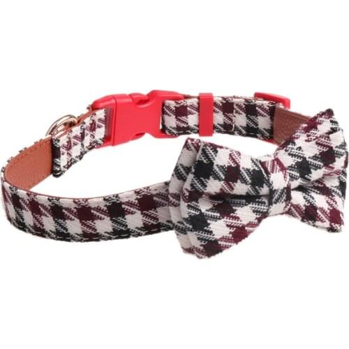 Plaid Bowknot Dog Collars Fabric and PU Soft Adjustable Collar for Small Medium Large Dogs Pet Products halsband hond