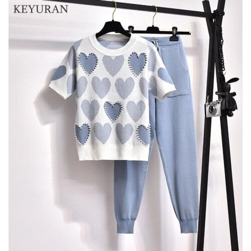 2 Piece Sets Women Knitted Tracksuits Embroidery Heart Beading O Neck Short Sleeve Women T Shirt + Knitted Harem Pencil Pants