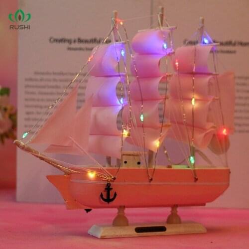 Creative Girl Heart-Solid Wood Sailboat Mediterranean Style Friends Birthday Gift Model Boat with Lights Living Room Home Decor