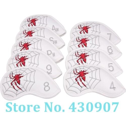 9pcs/set White PU Leather with Spider Embroidery Golf Club Iron Head Cover 4,5,6,7,8,9,Pw,Sw,Aw